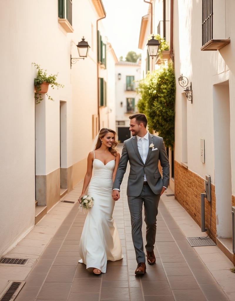 Couple walking a Spanish village street